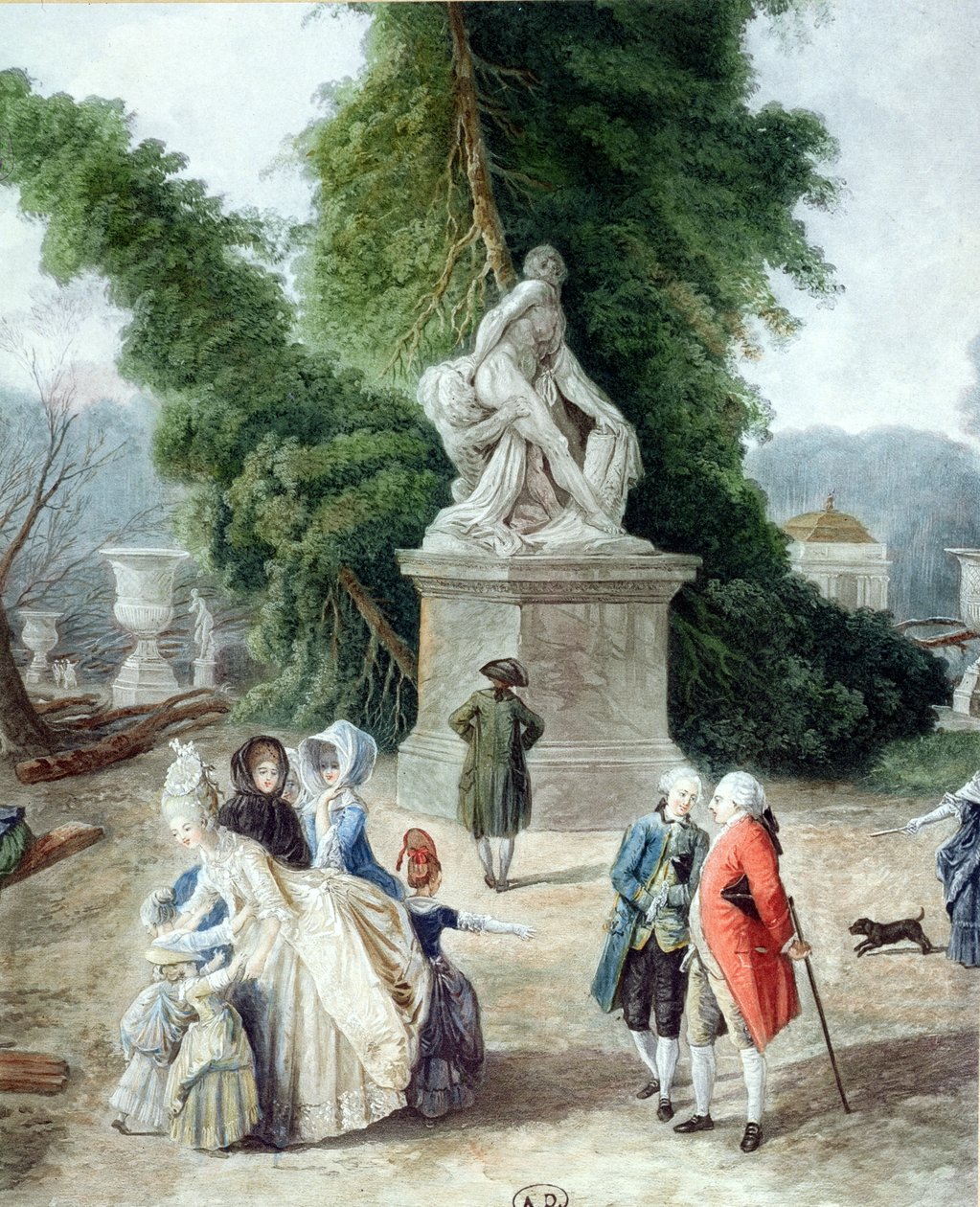 Lodewijk XVI (1754-1793) en Marie-Antoinette (1755-1793) bij de ingang van het Tapis Vert in de Tuinen van Versailles, 1775 (kleurgravure) (detail) door Hubert Robert