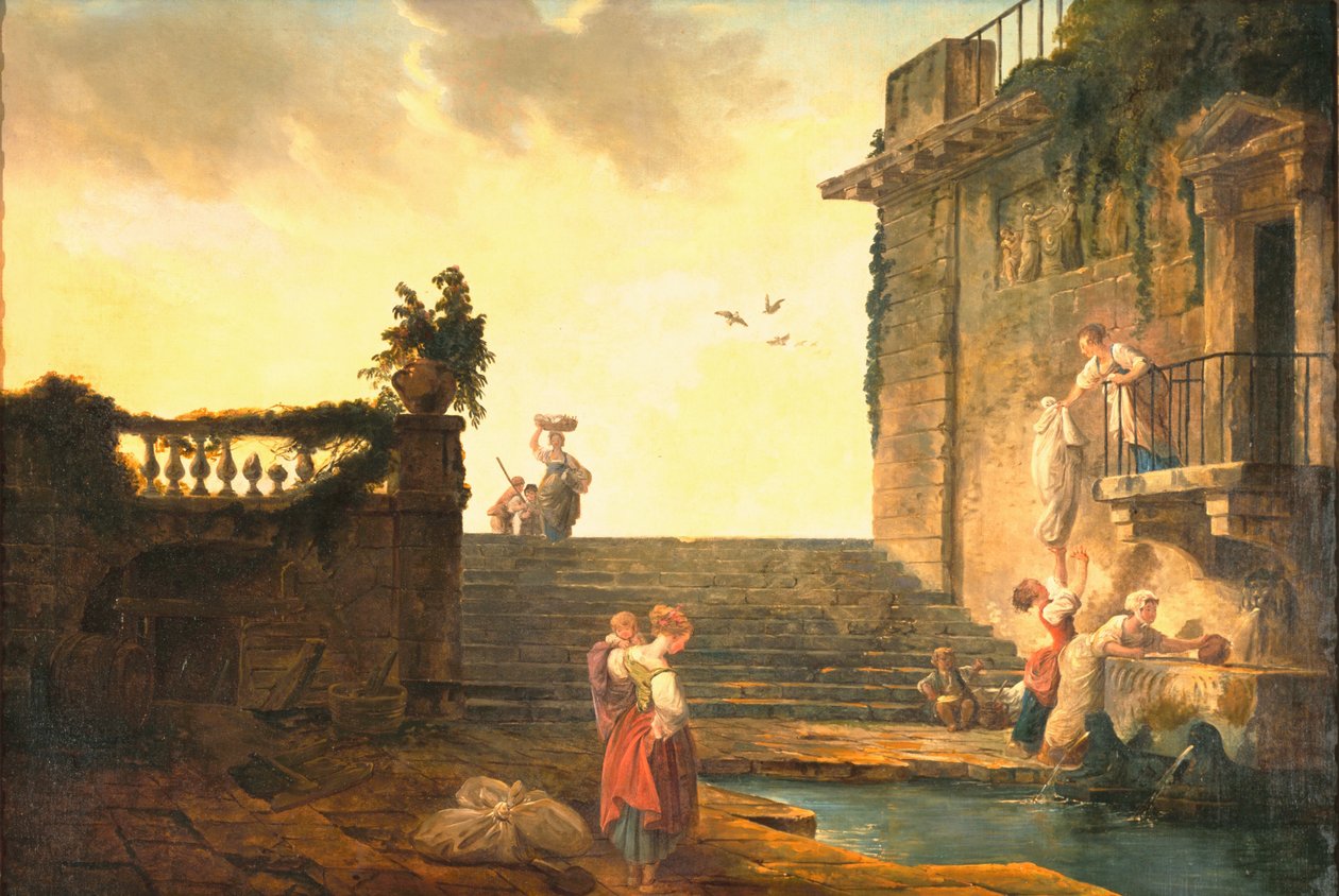 Wasvrouwen bij de fontein, ca. 1770-75 door Hubert Robert
