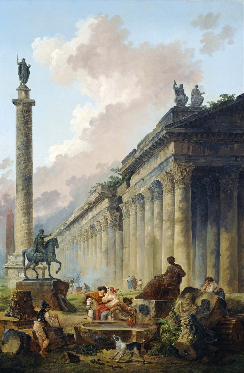 Denkbeeldig Romeins landschap met ruiterstandbeeld van Marcus Aurelius, de gedenkzuil van Trajanus en een tempel. door Hubert Robert