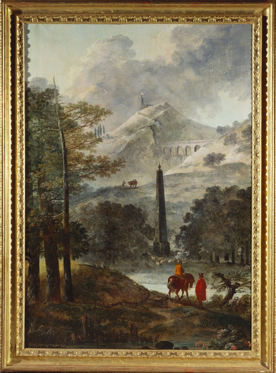 Een Bergachtig Landschap met een Obelisk door Hubert Robert