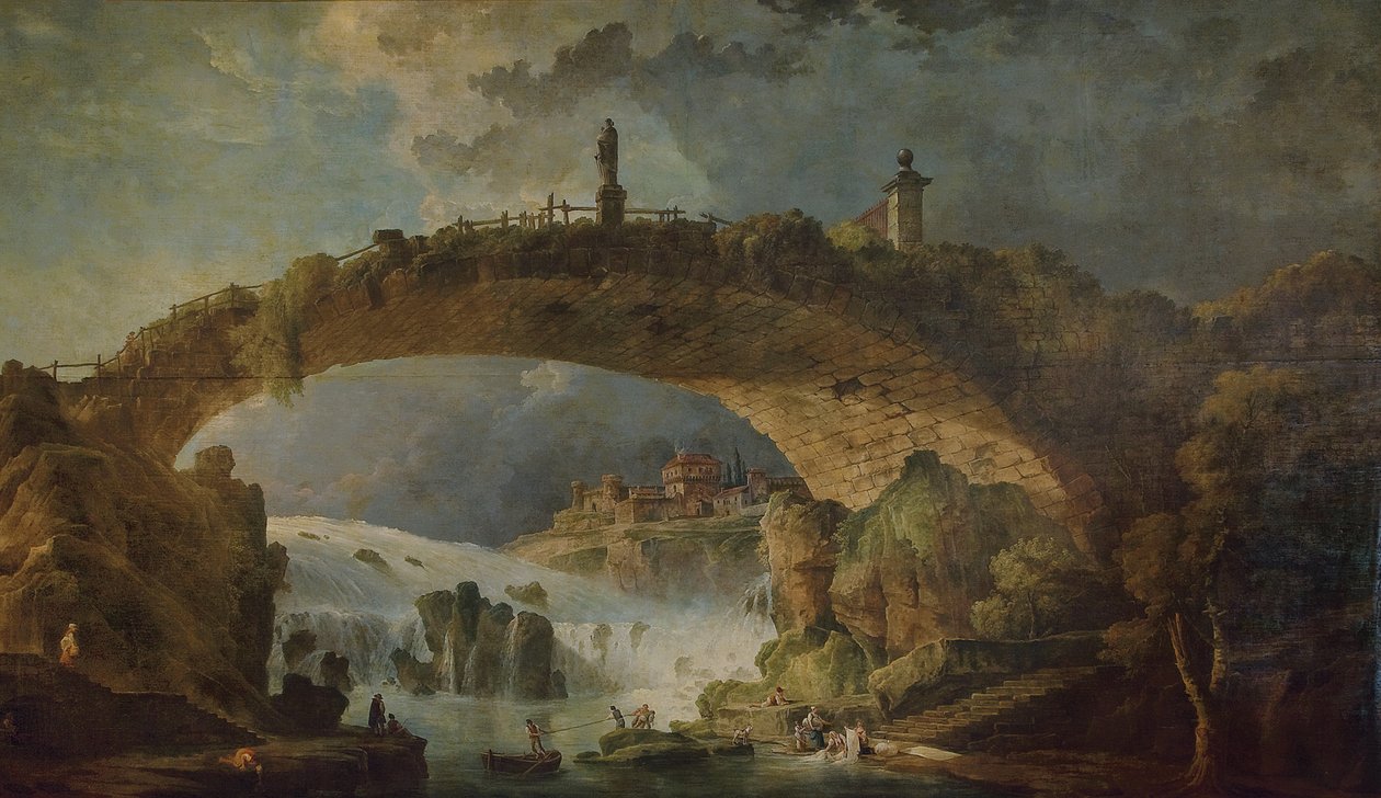 Brug over de watervallen door Hubert Robert