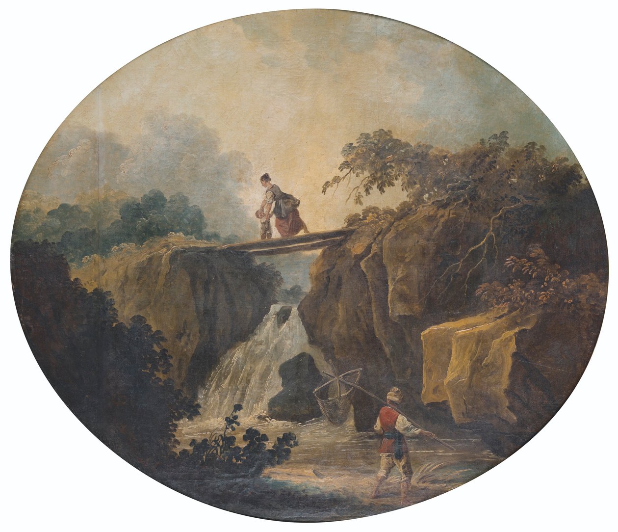 Frans: Landschap van een waterval met een brug door Hubert Robert