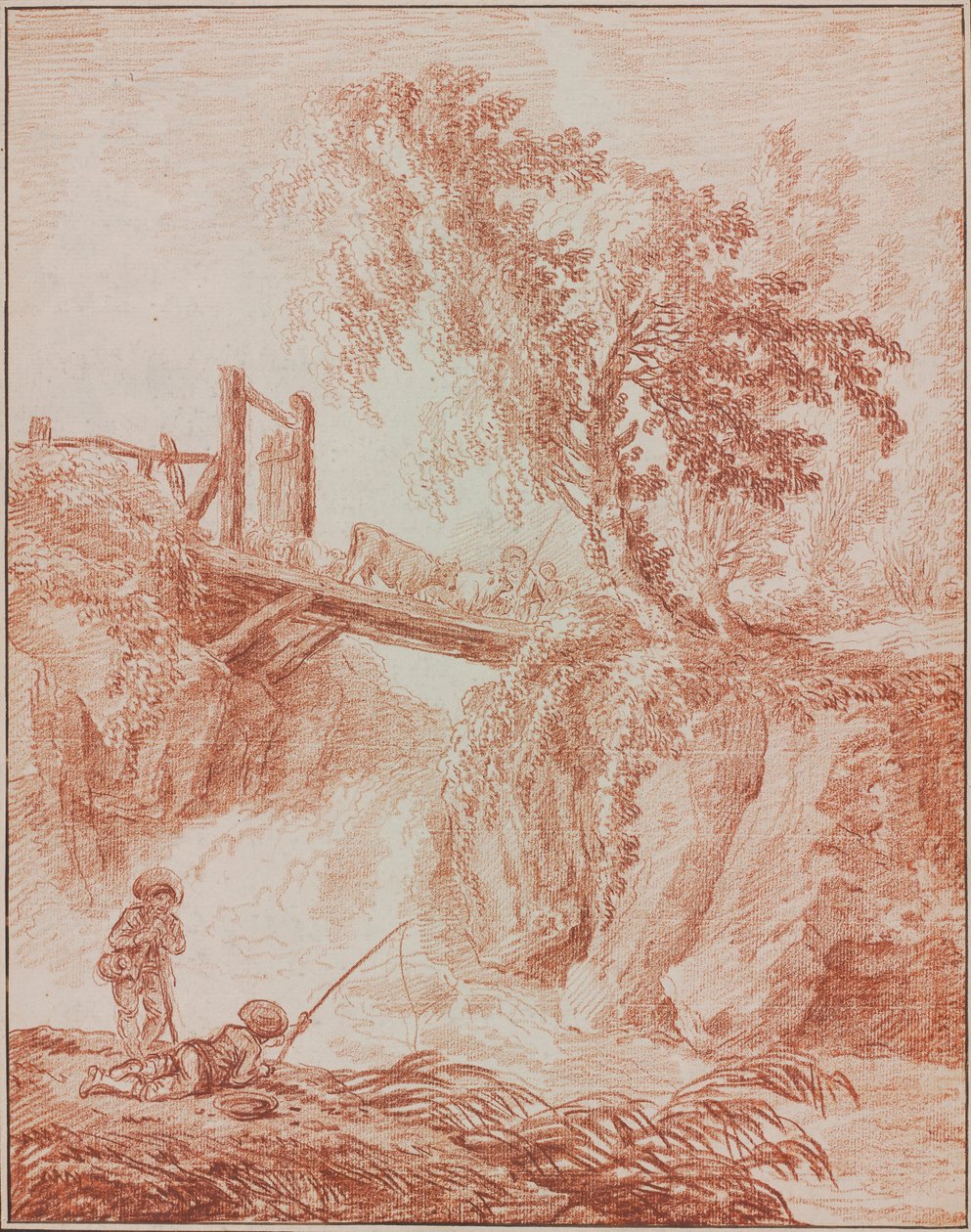 Herders die een waterval oversteken door Hubert Robert