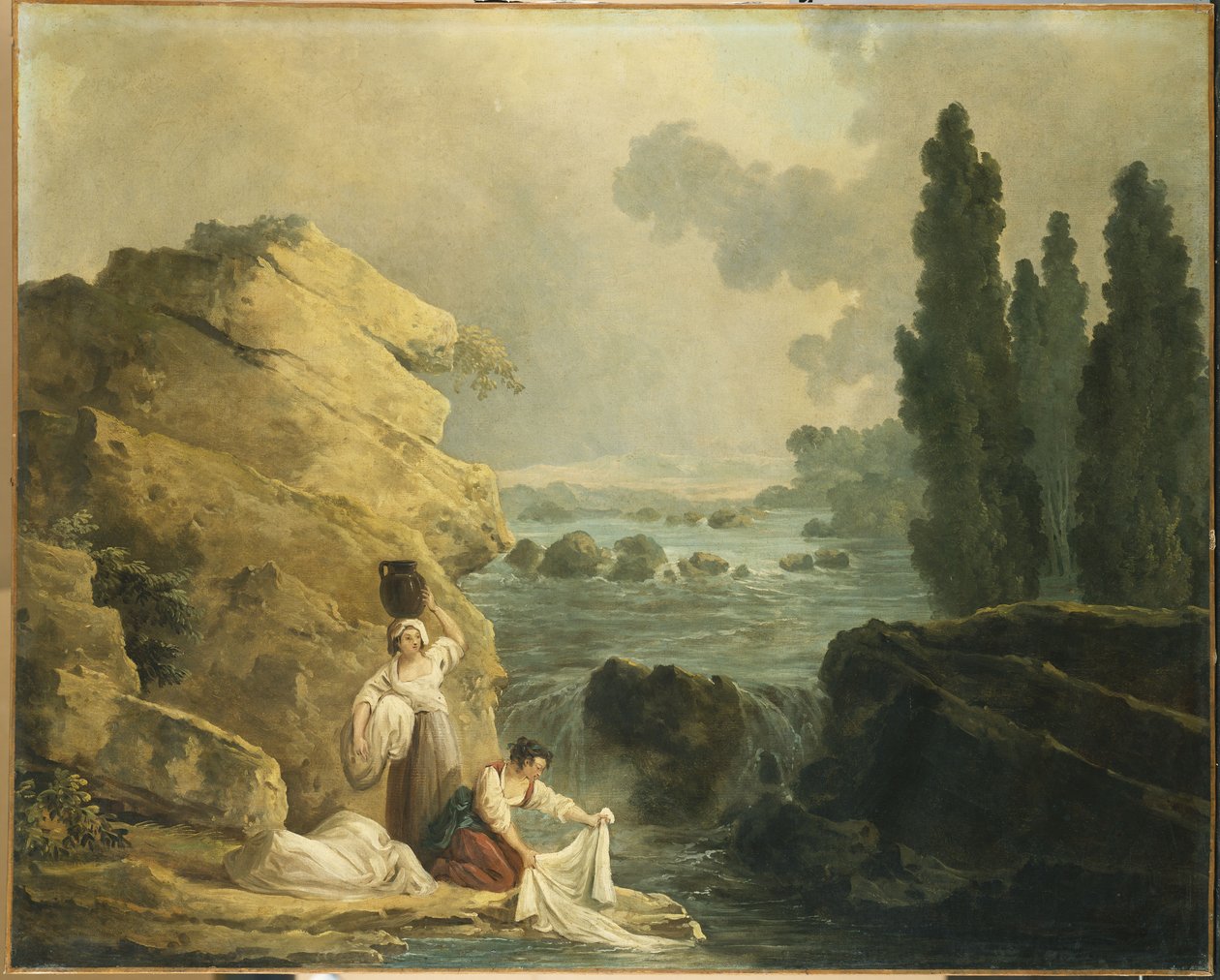 Wasvrouwen bij een Waterval door Hubert Robert