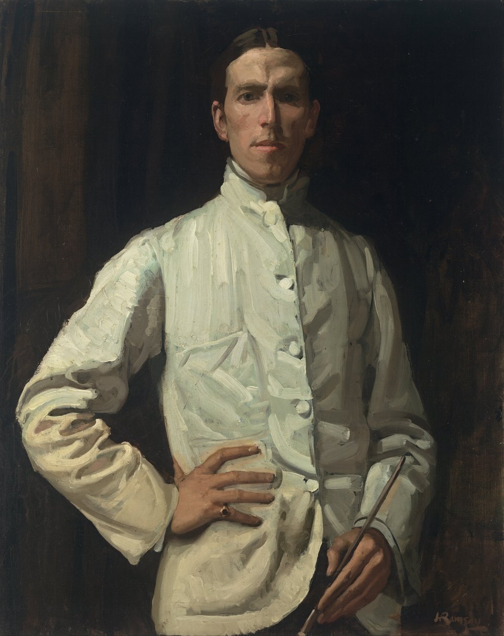 Zelfportret in witte jas door Hugh Ramsay