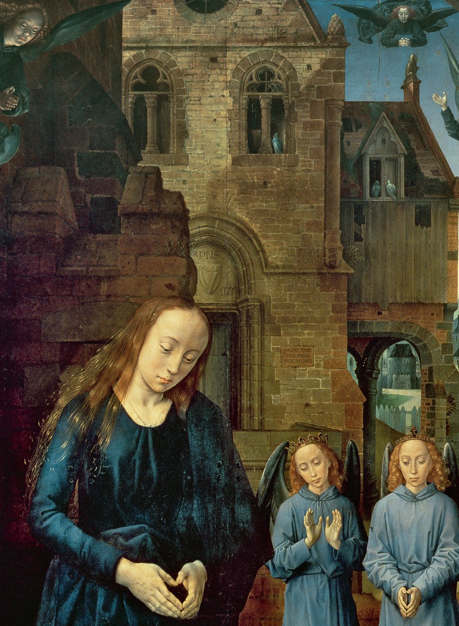 Christuskind aanbeden door engelen, centraal paneel van het Portinari-altaarstuk, c.1479 (detail) door Hugo van der Goes