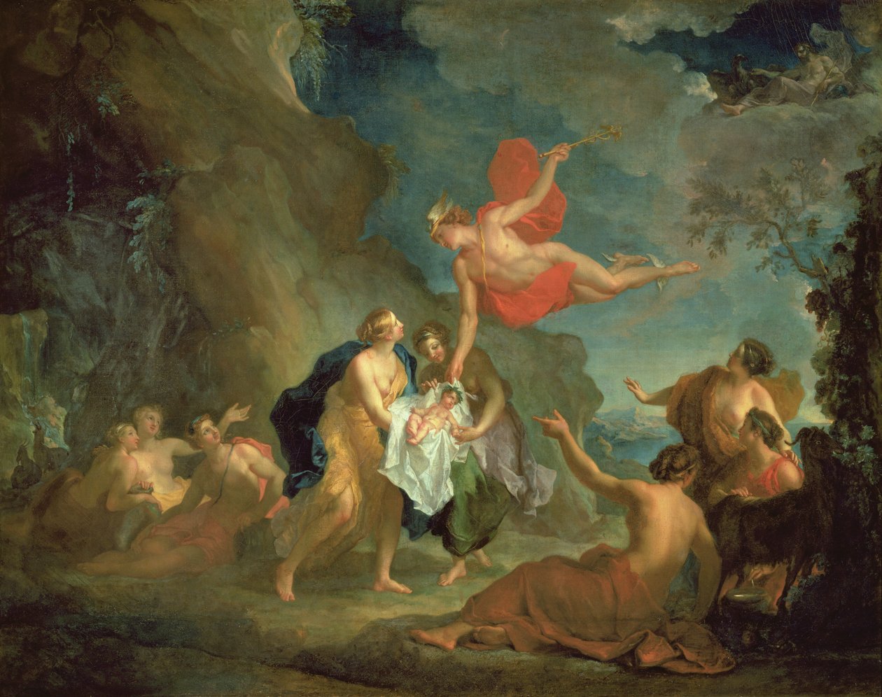De jonge Bacchus afgeleverd door Mercurius aan de nimfen op het eiland Naxos door Hyacinthe Collin de Vermont