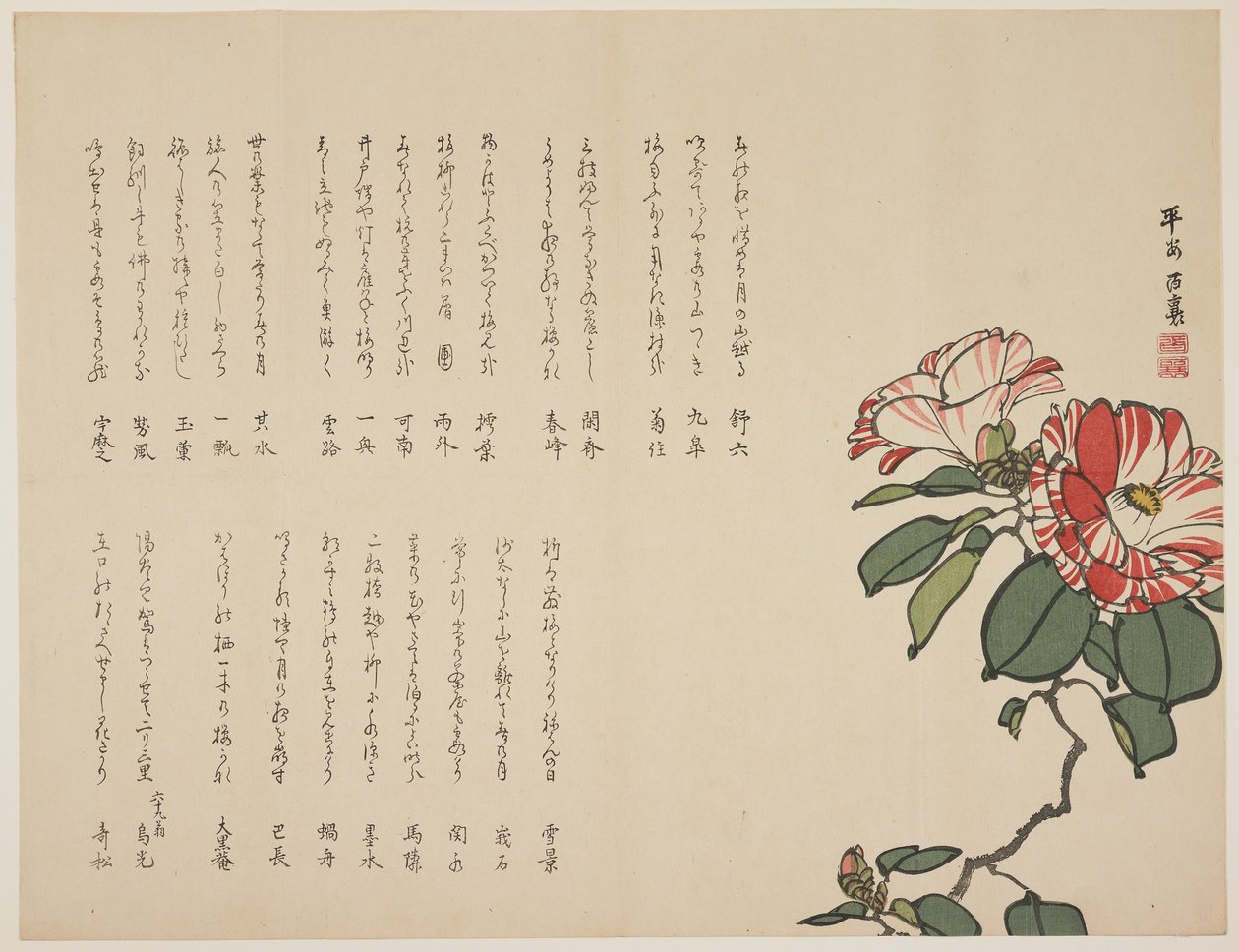 Bloeiende camelia, ca. 1818-1829 door Hyakuj