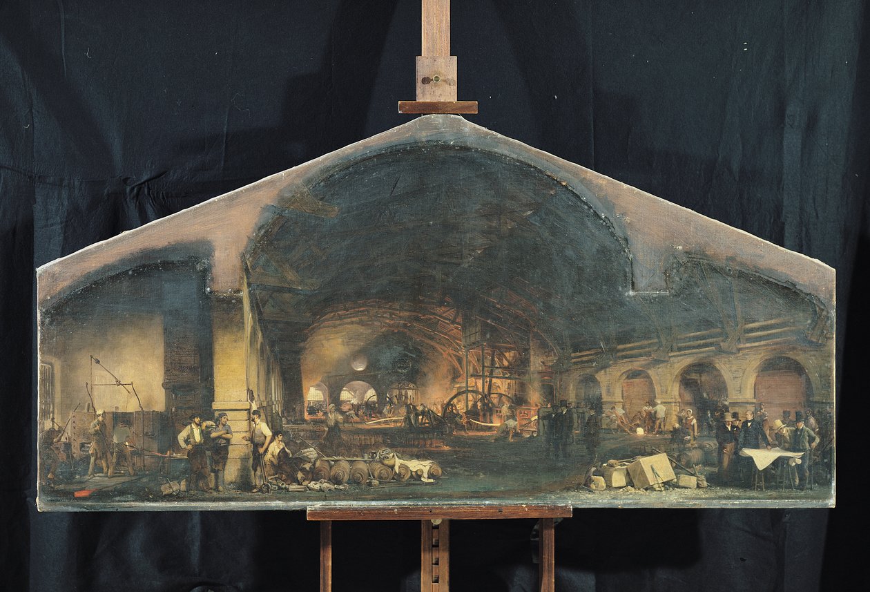 Interieur van de smederij in Fourchambault door Ignace Francois Bonhomme
