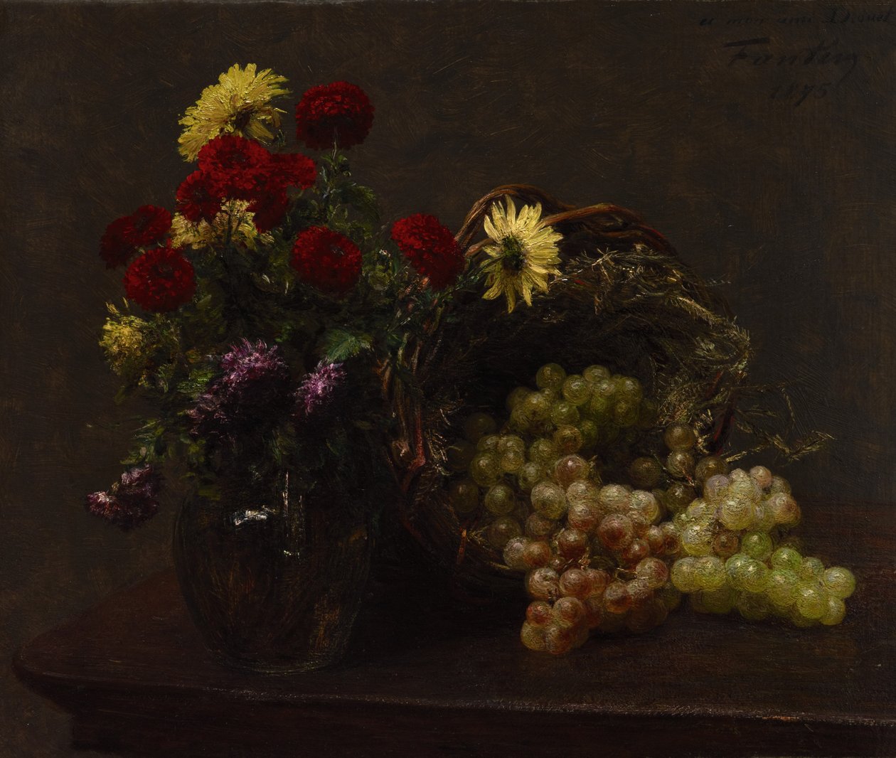 Bloemen en druiven door Ignace Henri Jean Fantin Latour