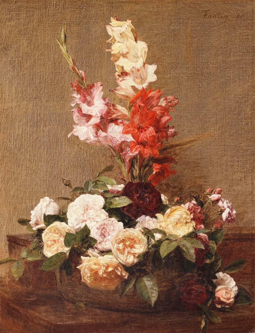 Gladiolen en Rozen, 1881 door Ignace Henri Jean Fantin Latour