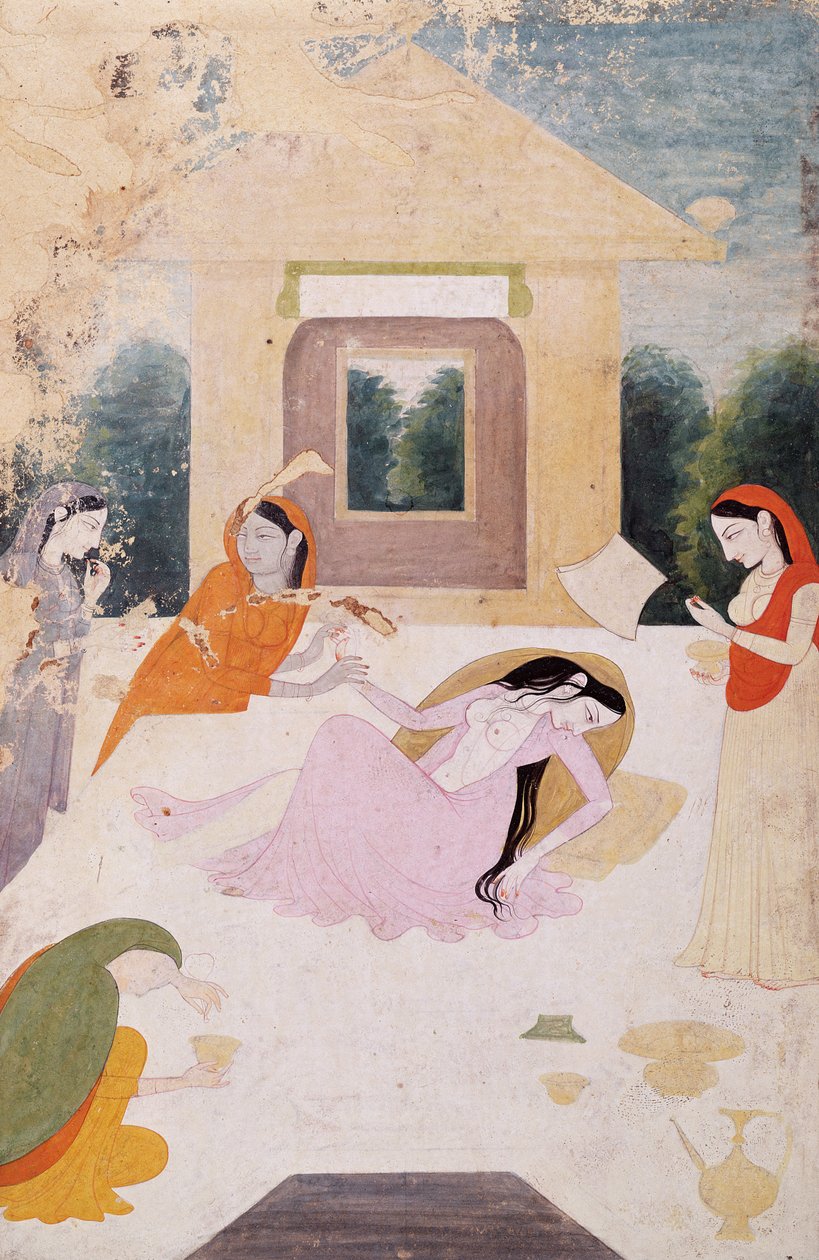 Een dame op een terras, wanhopig van onvervulde verlangens naar haar minnaar, haar bedienden kunnen haar niet troosten, Guler, Pahari School, ca. 1810 door Indian School