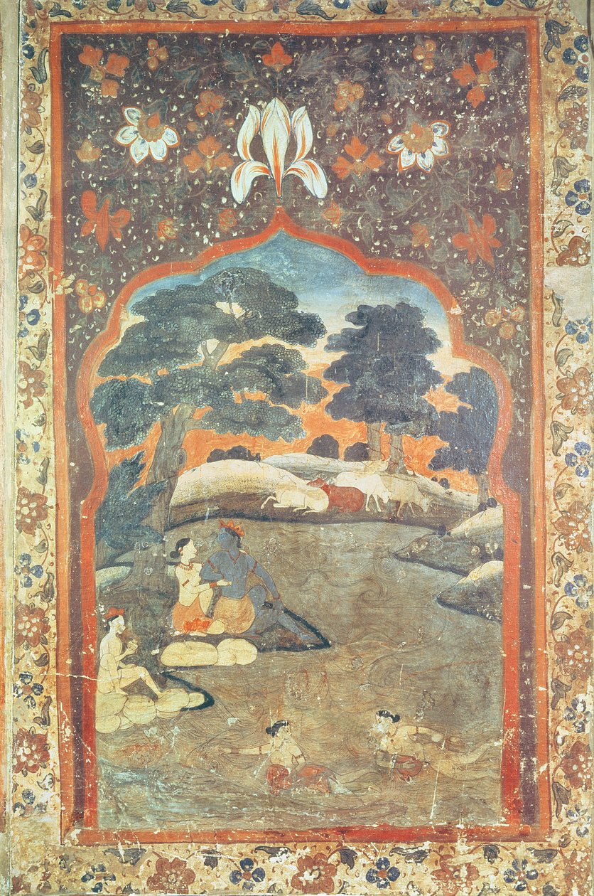 Krishna en Radha naast een rivier, Pahari School door Indian School