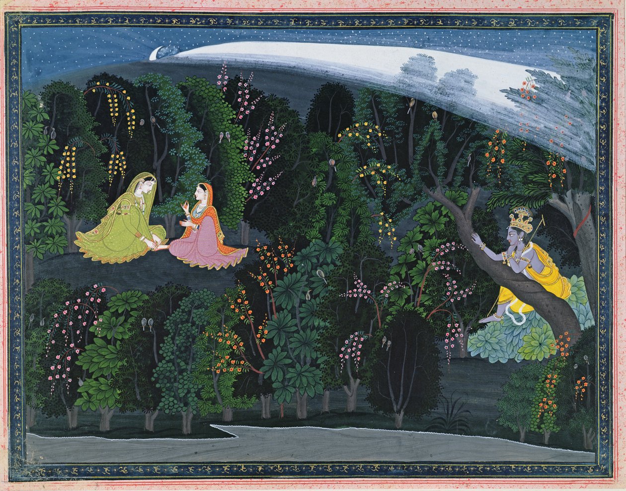 Krishna kijkt verlangend naar Radha, illustratie uit de Lumbagraon Gita Govinda-serie, c.1820-25 door Indian School