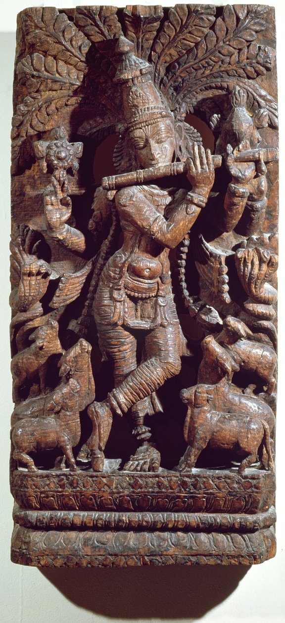 Krishna speelt fluit (hout) door Indian School
