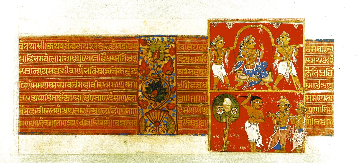 Twee scènes uit de Kalpasutra, Mandu, 1439 door Indian School