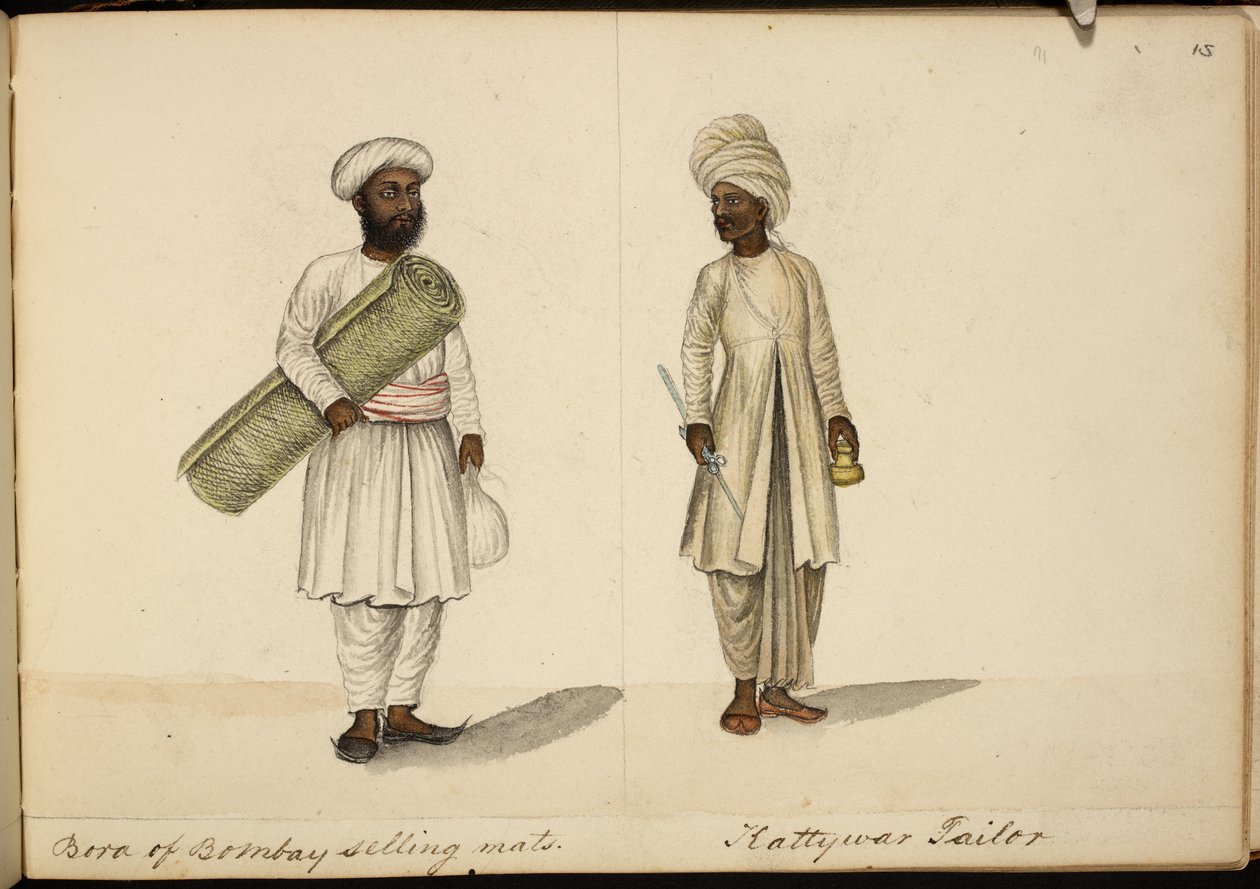 Bohori mat-verkoper; Kathiawar kleermaker door Indian School
