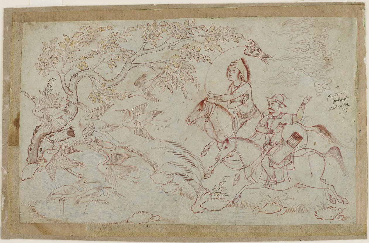 Twee ruiters jagen met valk, 1640s door Iranian School