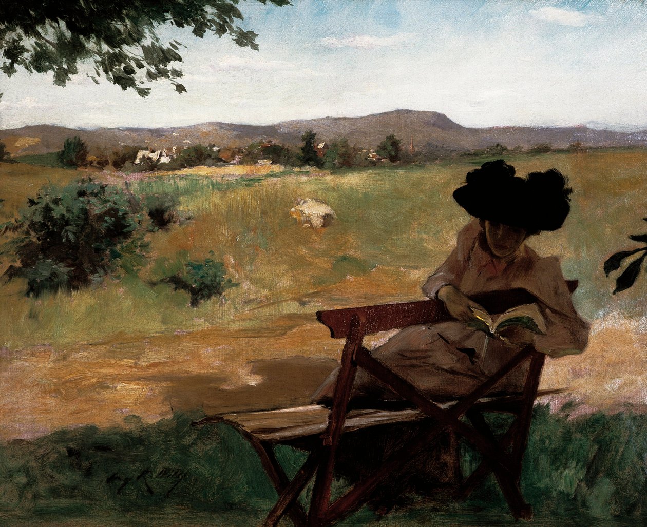 Vrouw zittend op een bankje lezend door Irving Ramsay Wiles