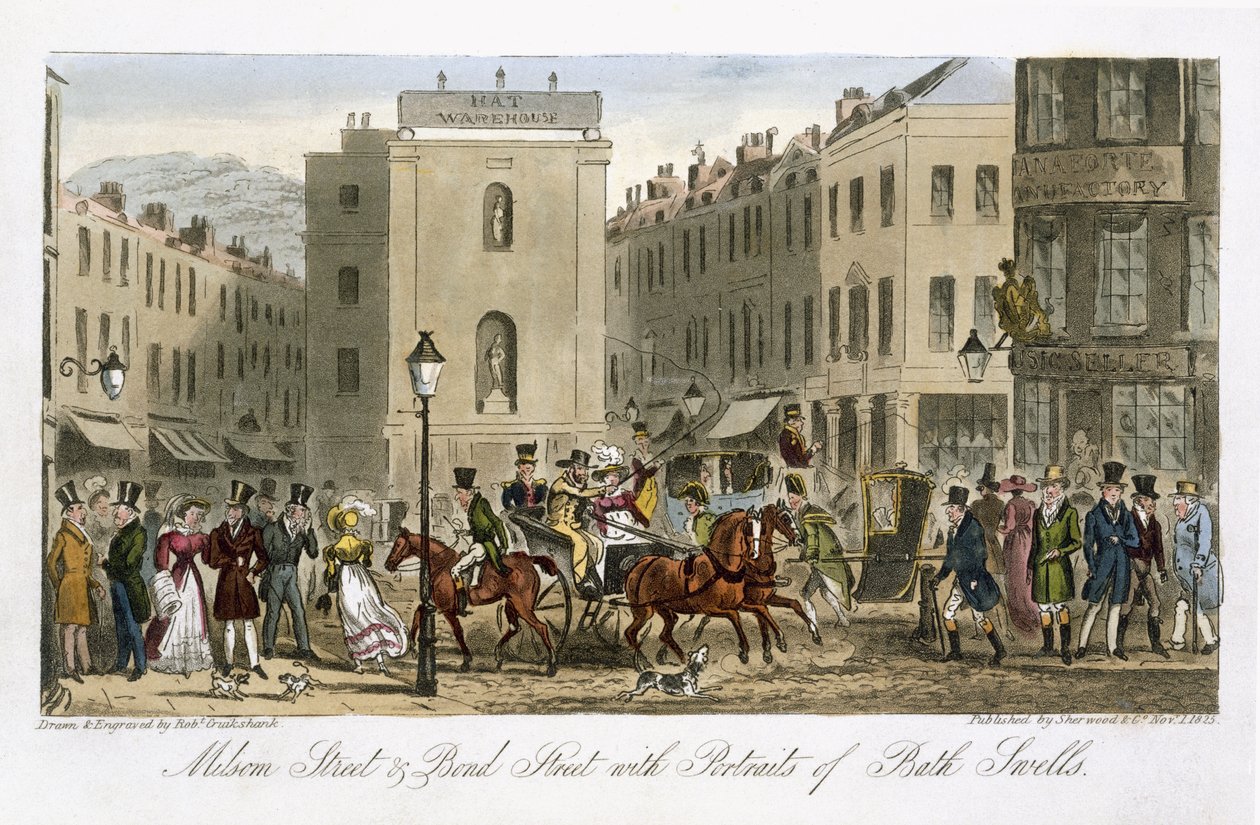 Milsom Street en Bond Street met portretten van Bath Swells, uit 