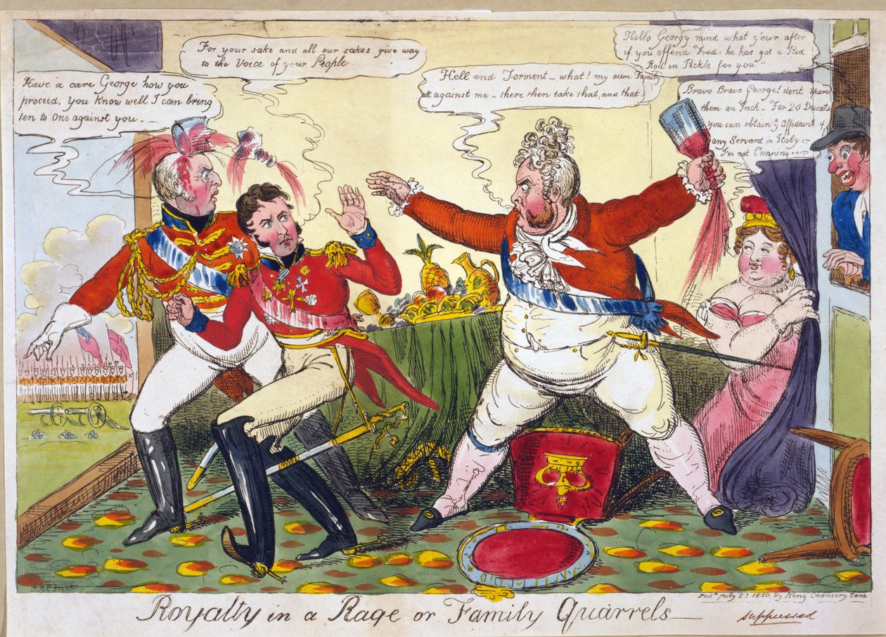Royalty in woede of familie ruzies, gepubliceerd Londen, 23 juli 1820 door Isaac Robert Cruikshank