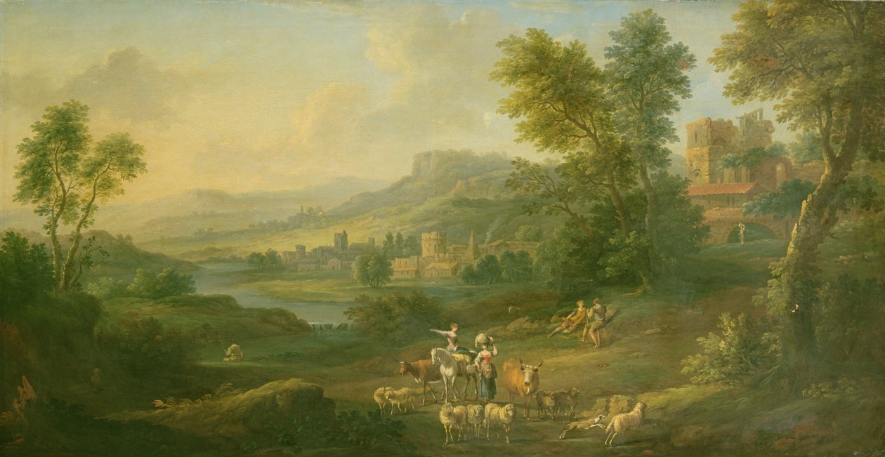 Veedrijvers en herderinnen in een idyllisch pastoraal landschap door Isaac de Moucheron