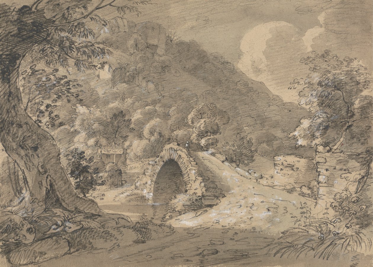 Bergachtig Landschap met een Brug en Huis door Isaac Weld