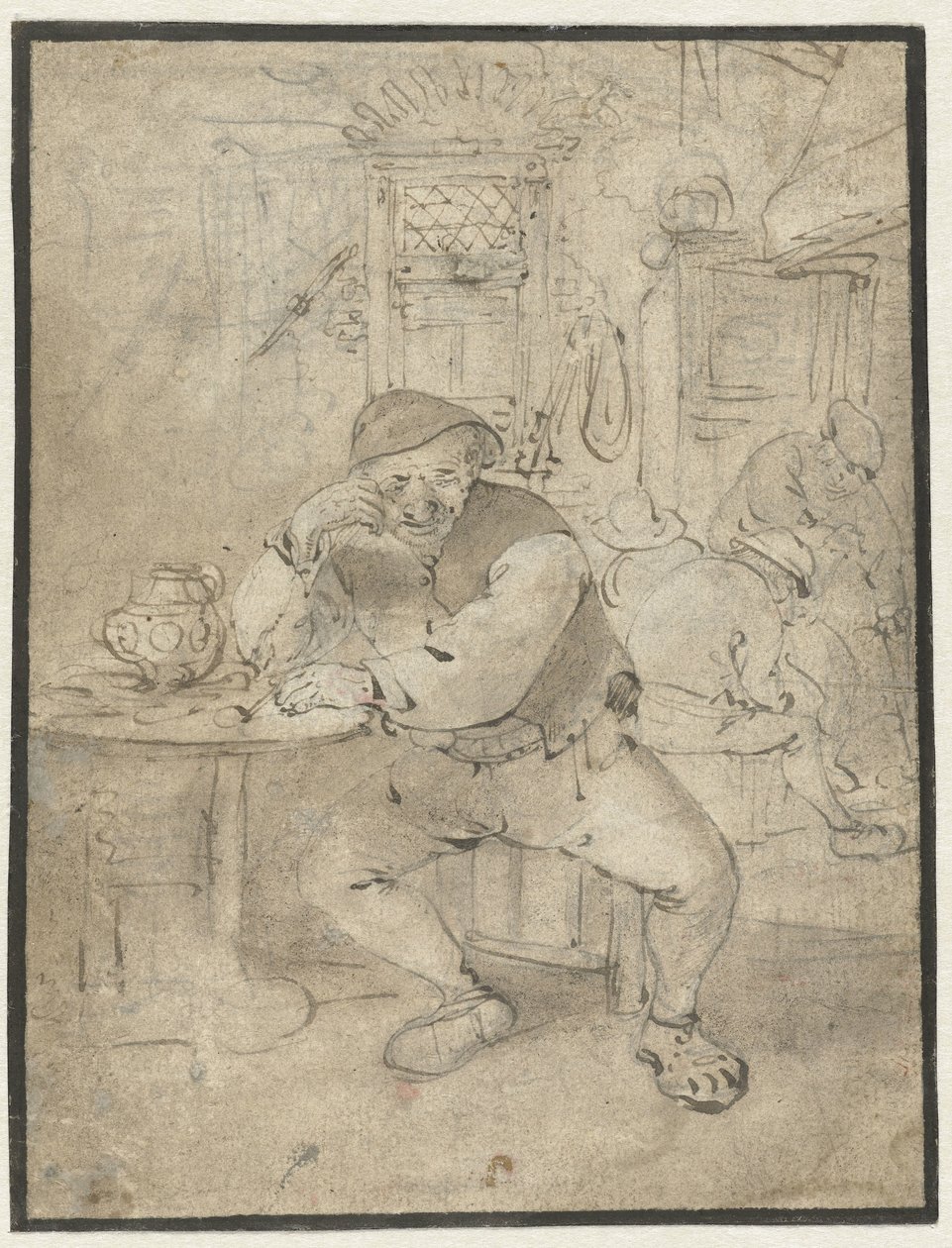 Zittende boer, leunend op een tafeltje door Isaac van Ostade