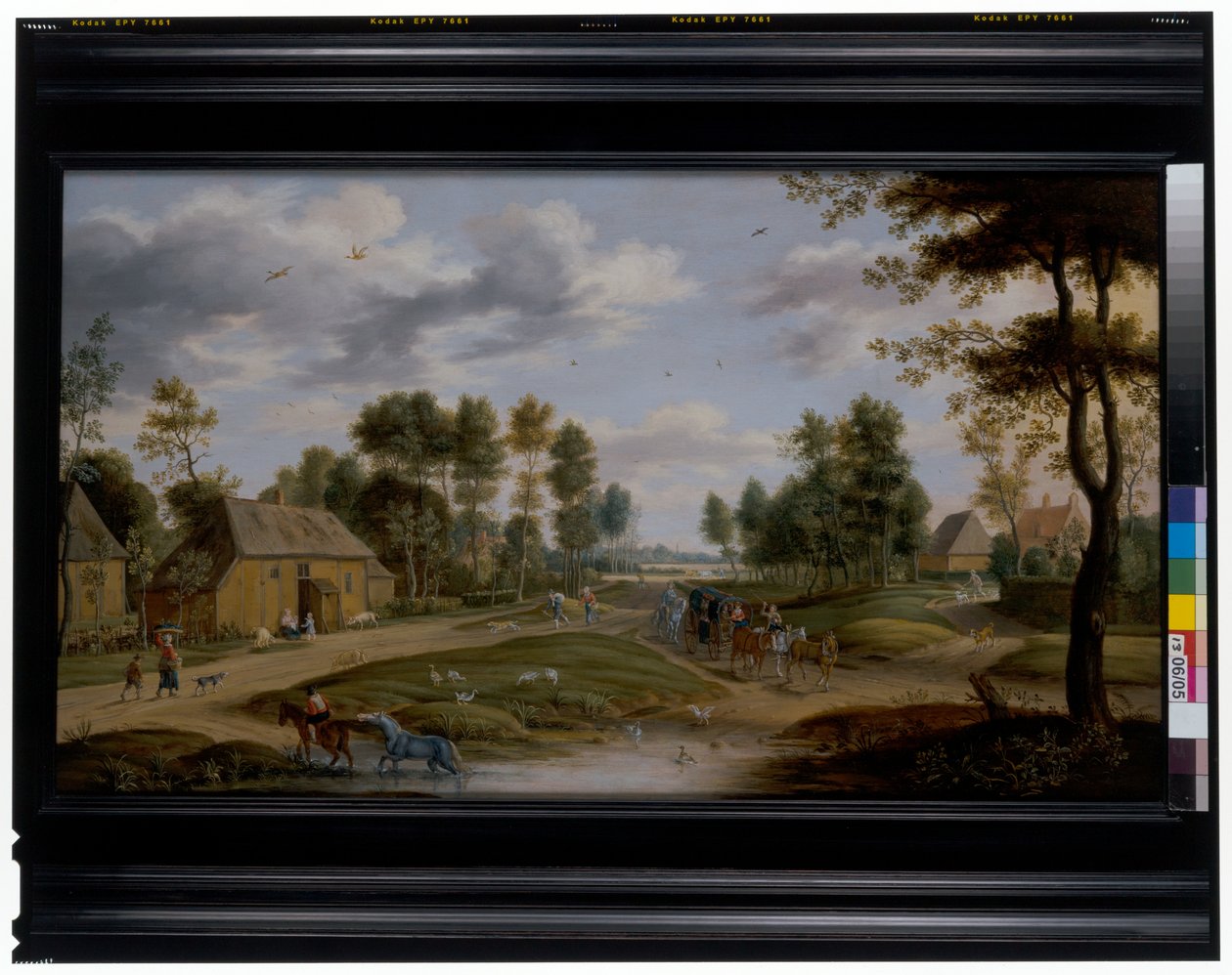 Dorp landschap met een koets door Isaak van Oosten