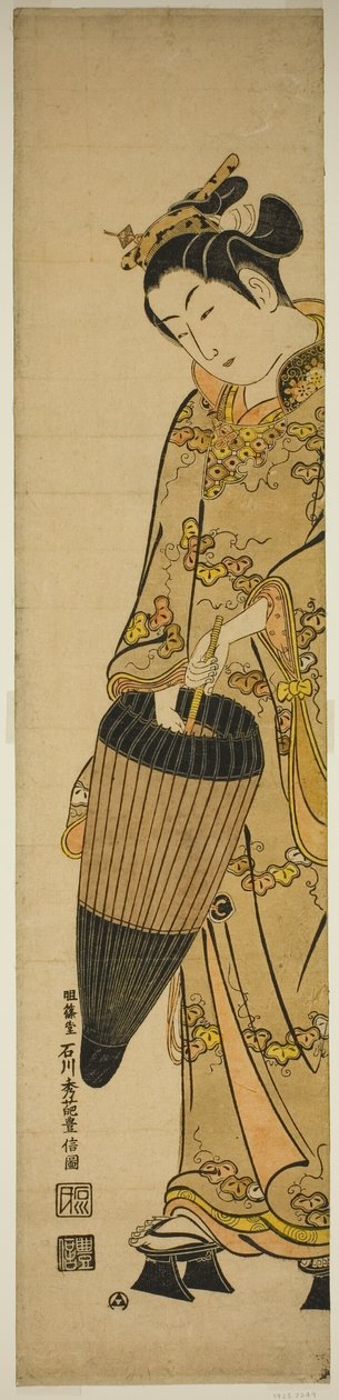 Jonge vrouw met paraplu door Ishikawa Toyonobu