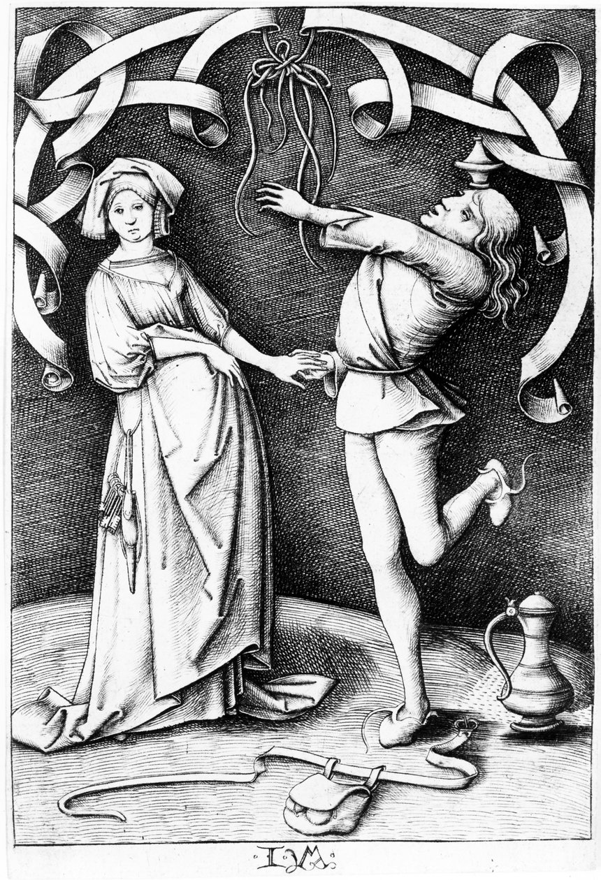 De goochelaar en de vrouw, c.1495-1503 door Israhel van Meckenem the younger