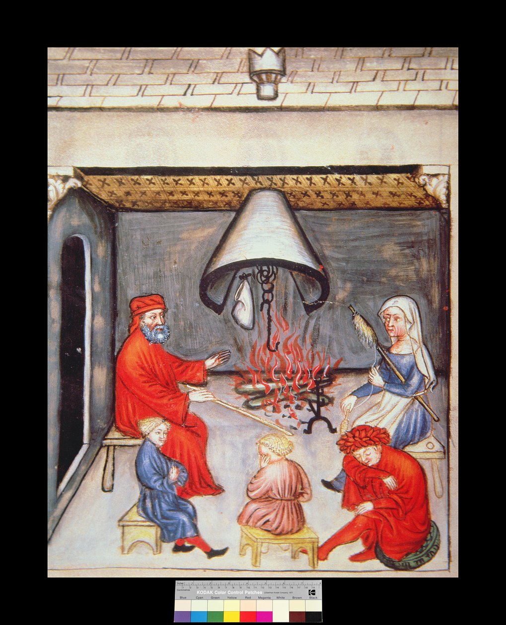 Gesprek voor het vuur, illustratie uit Tacuinum Sanitatis Codex Vindobonensis door Italian School