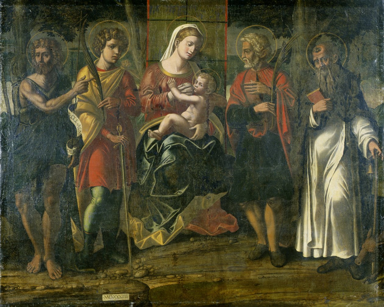 Madonna en Kind met Johannes de Doper, Antonius en andere heiligen, 1534 door Italian School