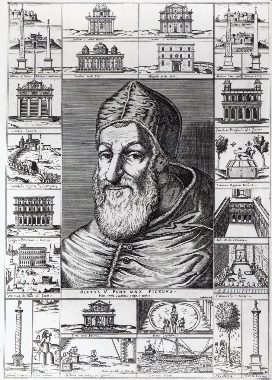 Paus Sixtus V, omringd door de kerken, gebouwen en monumenten gebouwd of gerestaureerd tijdens zijn pontificaat, gegraveerd door Ambrosius, 1589 door Italian School
