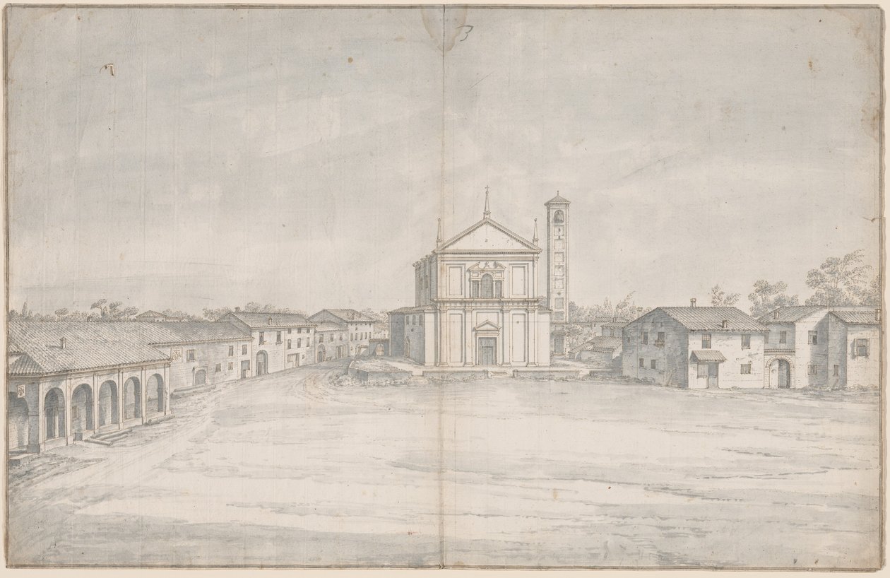 Een stadscentrum met een kerk door Italian 18th Century