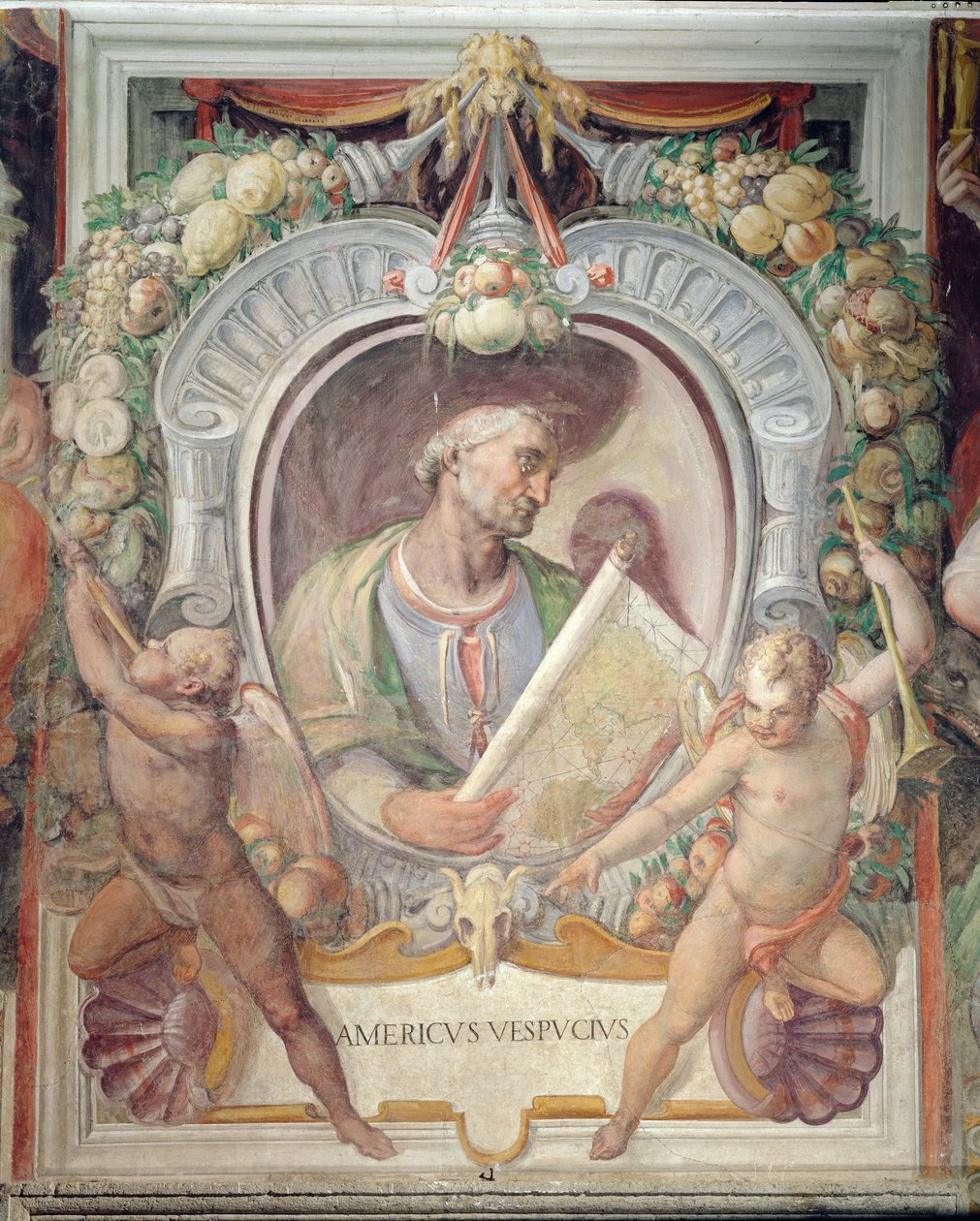 Amerigo Vespucci, in de Sala del Mappamondo door Italian School