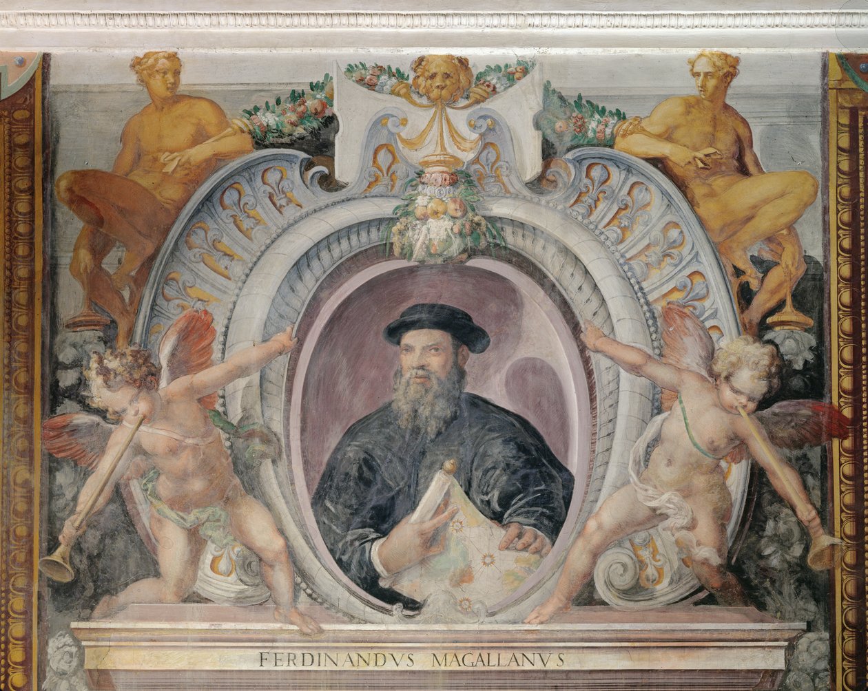 Ferdinand Magellaan, in de Sala del Mappamondo door Italian School