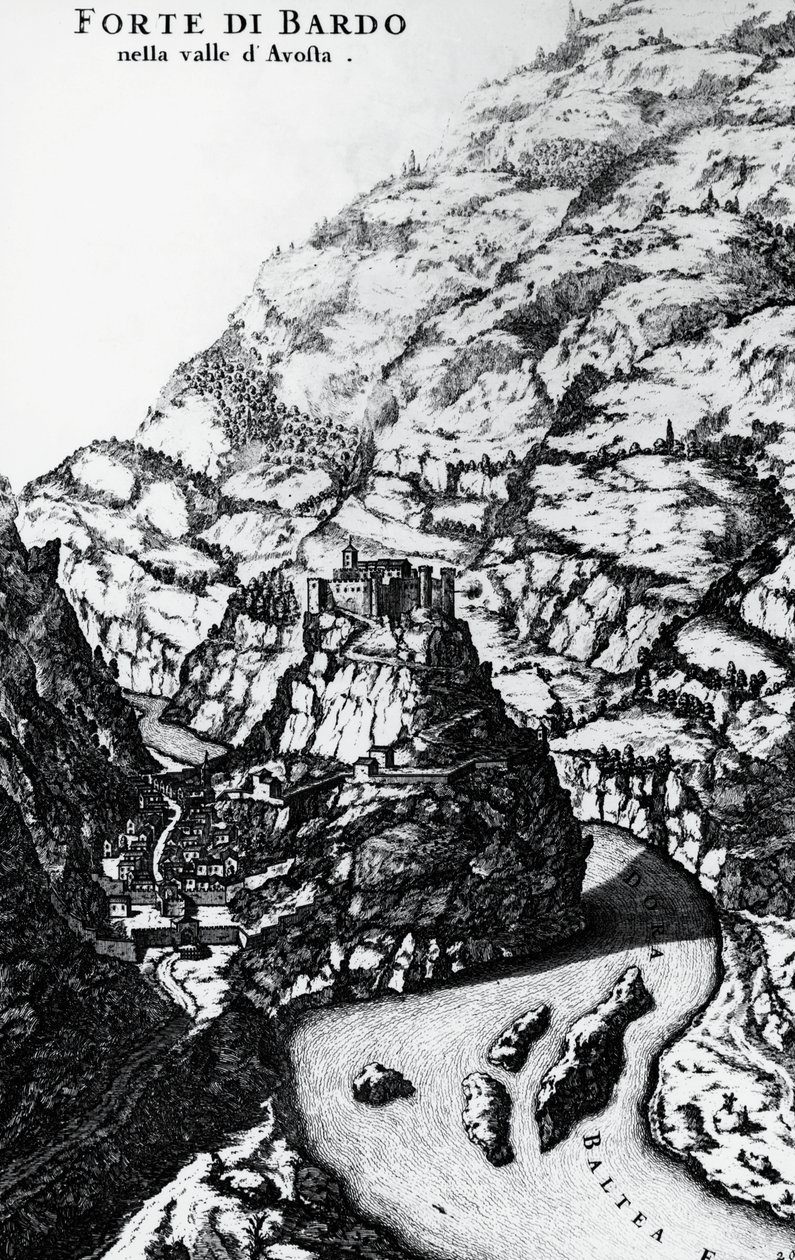 Fort Bard, gravure uit Theatrum Sabaudiae door Italian School