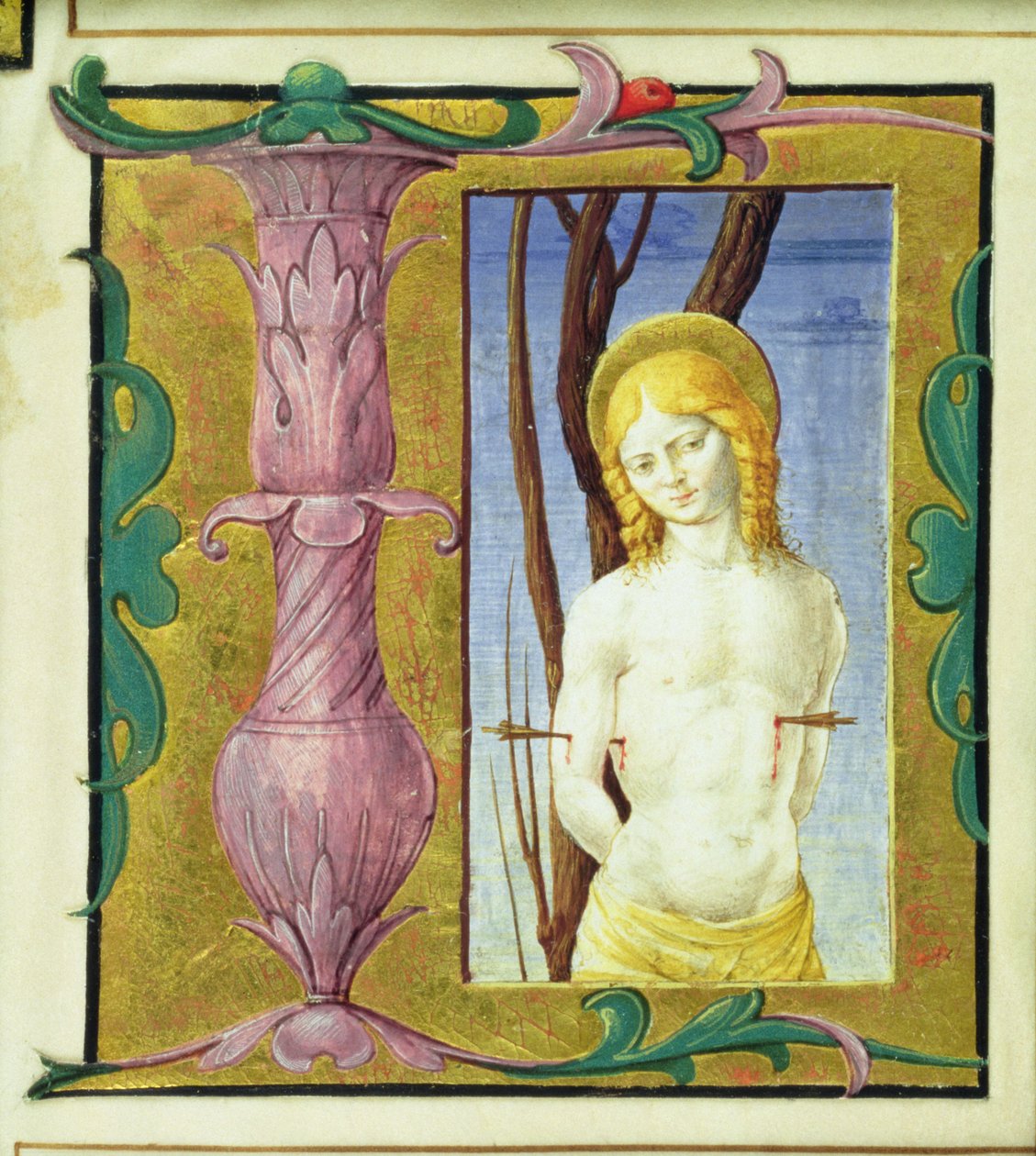 Geïllustreerde initiaal L met St. Sebastian door Italian School