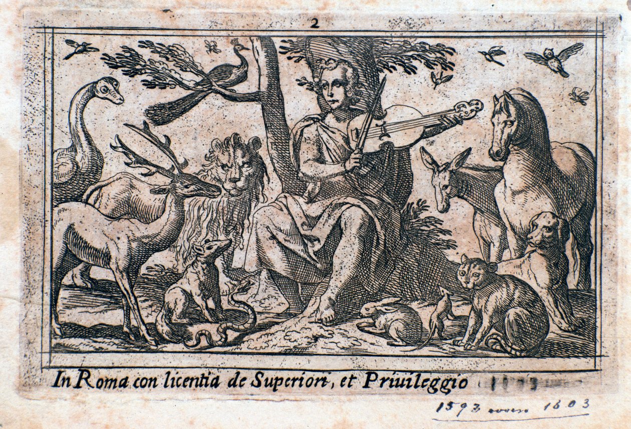 Orpheus spelend tussen dieren. (houtsnede) door Italian School