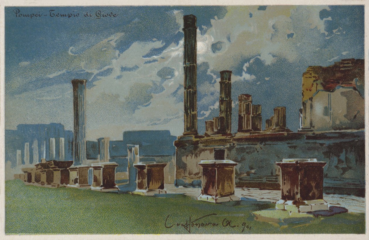Pompeii - Tempel van Jupiter (kleurenlitho) door Italian School