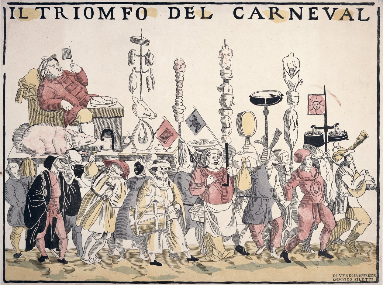 De Triomf van Carnaval (kleurgravure) door Italian School