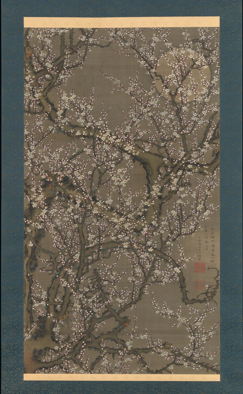 Witte pruimenbloesems en maan, 1755 door Ito Jakuchu