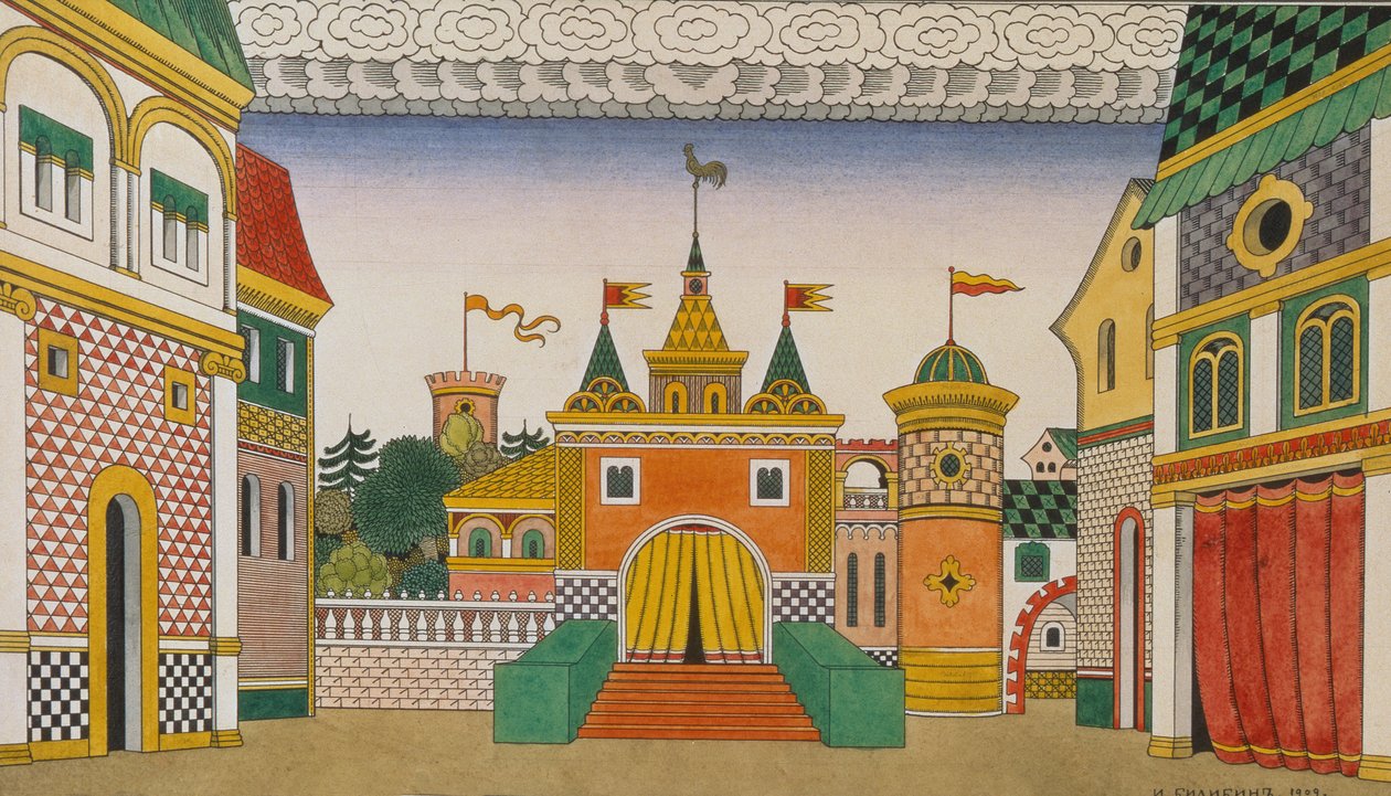 Schets voor de opera, De Gouden Haan, door Nikolai Rimsky-Korsakov (1844-1908), 1909 door Ivan Yakovlevich Bilibin