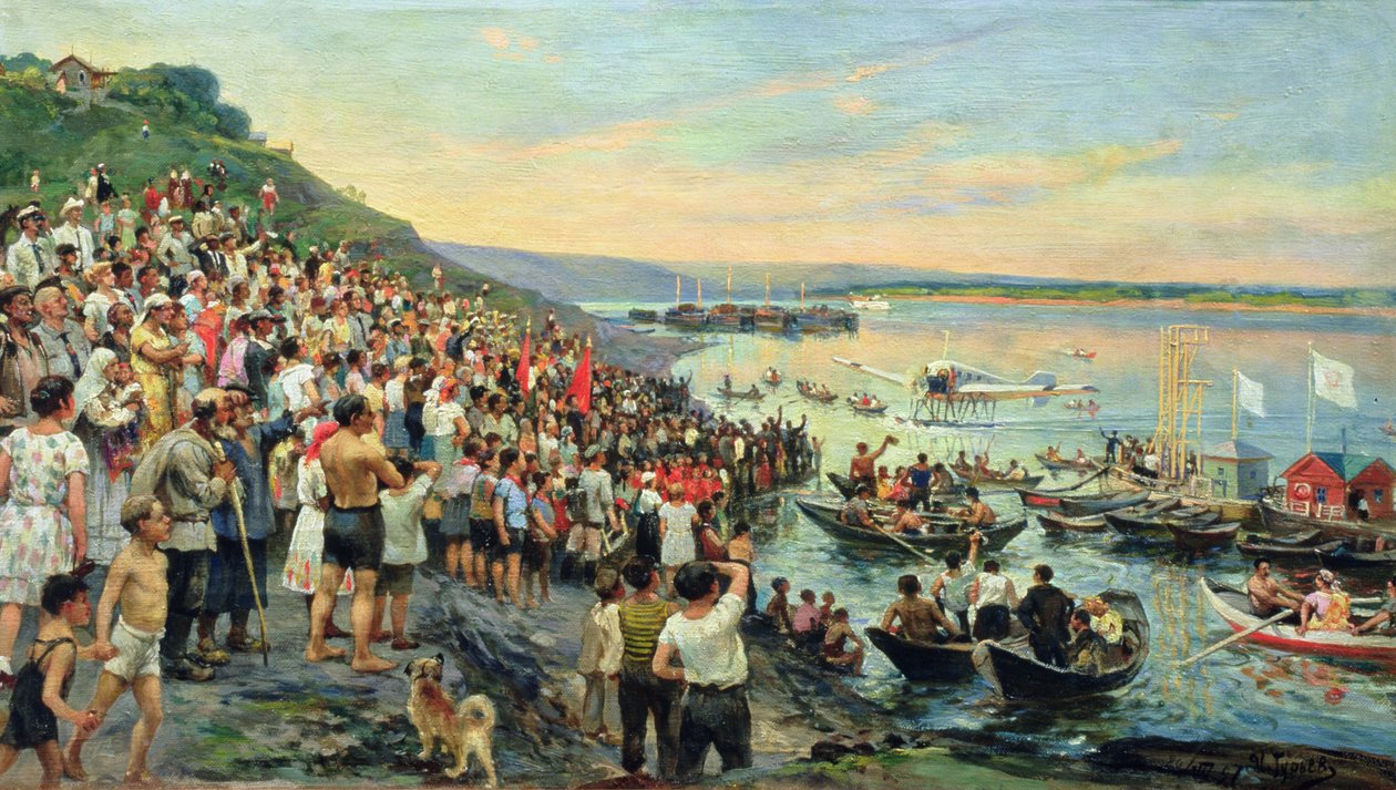 Aankomst van een watervliegtuig in Ulyanovsk in 1927 door Ivan Petrovich Guryev