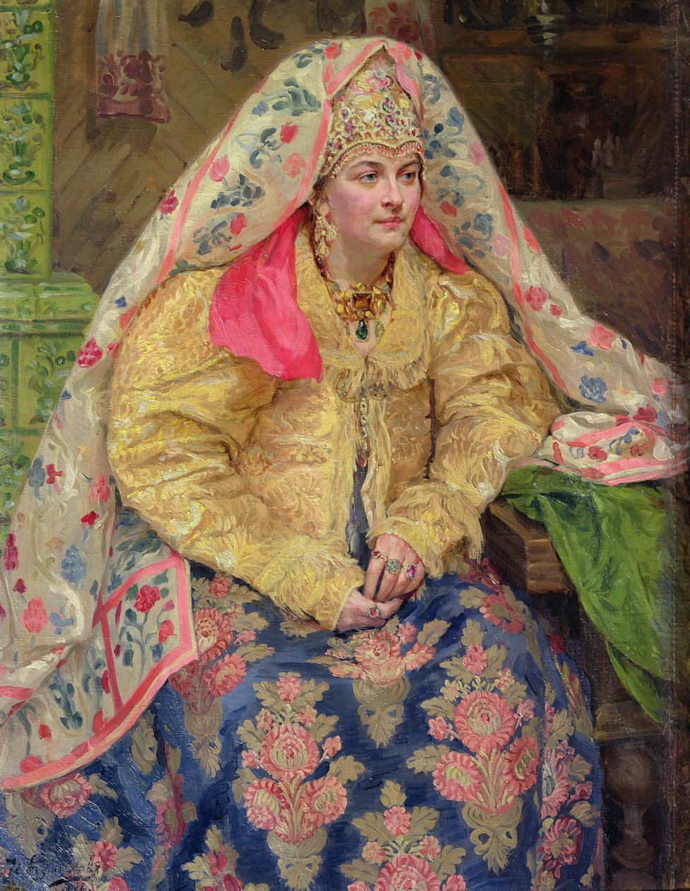 Vrouw in oude Russische jurk, 1916 door Ivan Semyonovich Kulikov