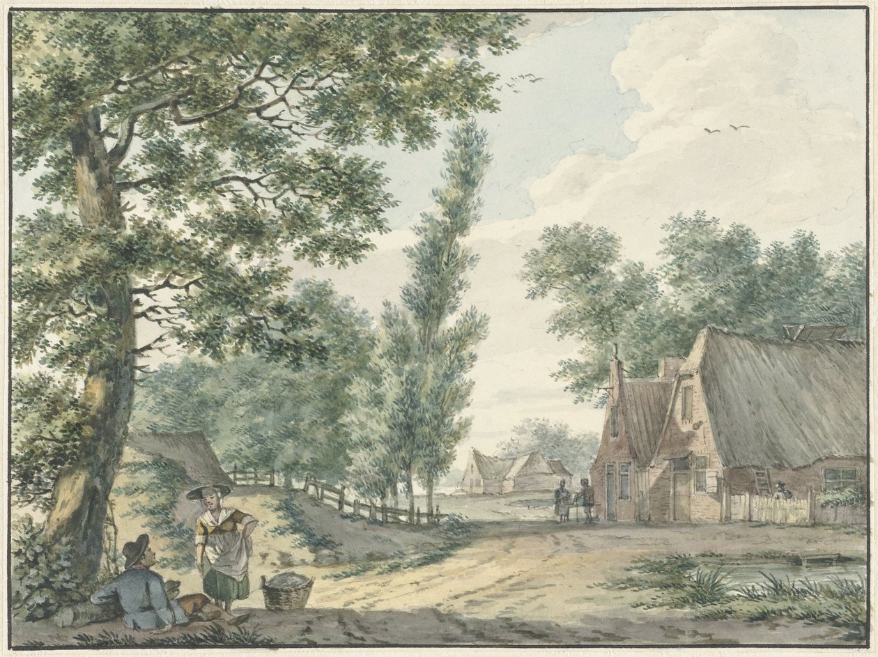 Landschap met twee personen onder een boom door Izaak Schmidt
