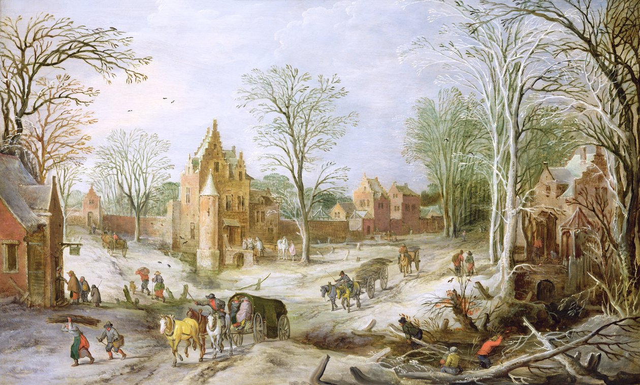 Een bebost winterlandschap met een kar door J. and Momper, J. de Brueghel