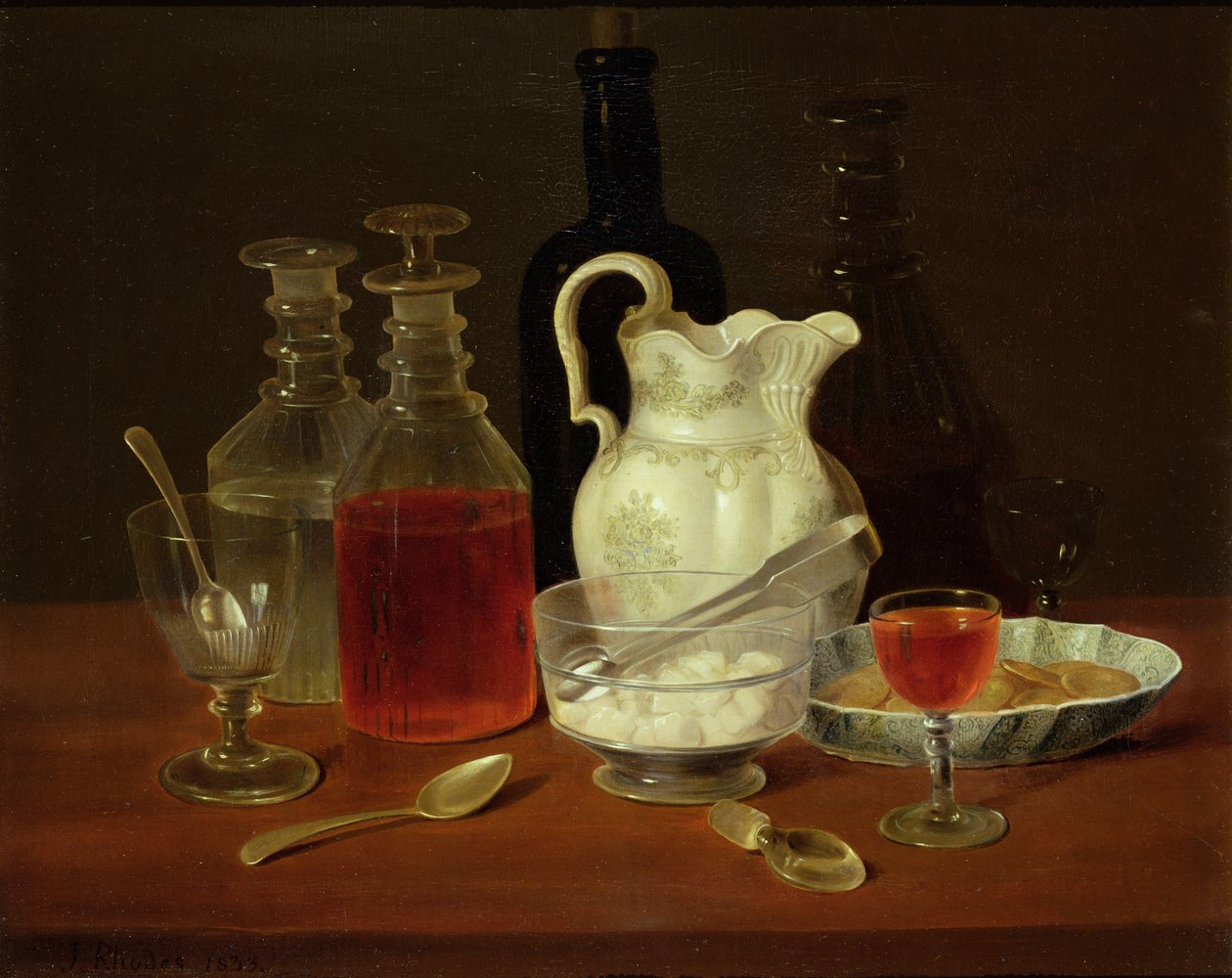 Stilleven met karaffen door J. Rhodes