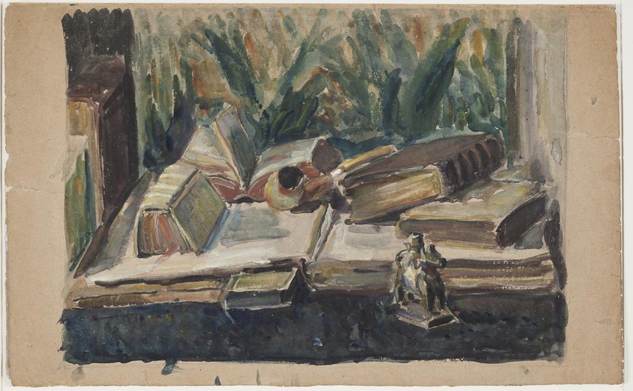 Stilleven met boeken, pijp en figuur door J.A. Jerichau